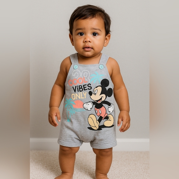 Disney Other - Disney Baby Mickey Mouse Gray Romper 12M Cool Vibes Only Summer Outfit